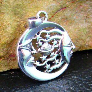 Solid 925 Sterling Silver Celestial Journeys Saturn Dual Moons & Stars Pendant